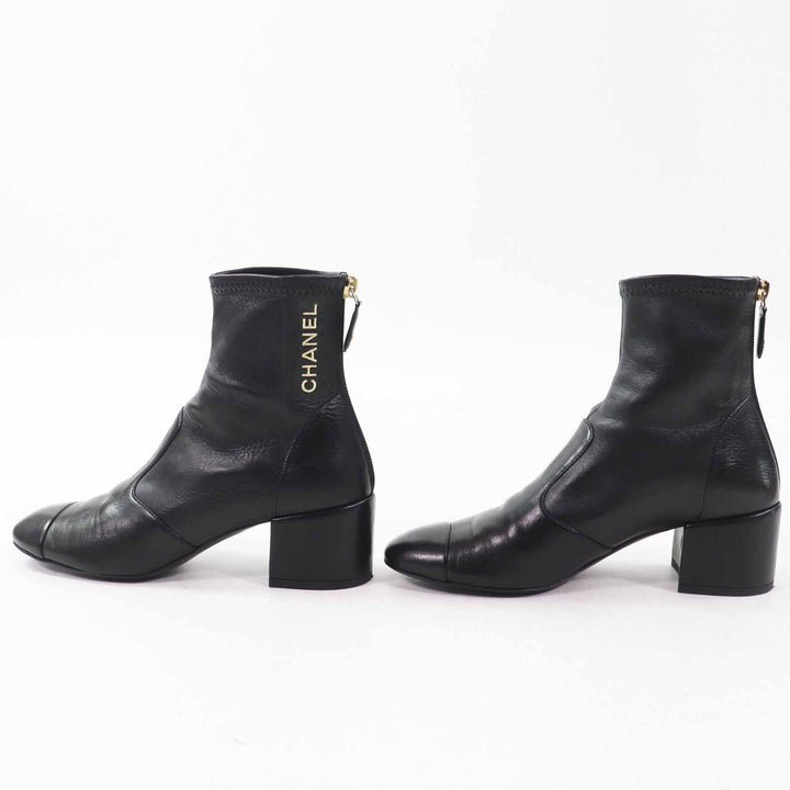 Great CHANEL short boots COCO MarkZIPTOP Black gold leather Women 35.5 G39160
