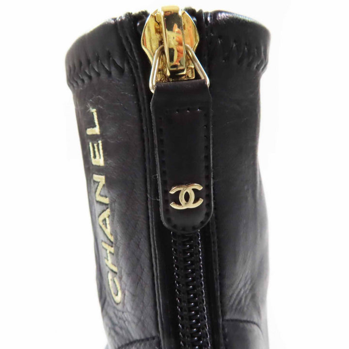 Great CHANEL short boots COCO MarkZIPTOP Black gold leather Women 35.5 G39160