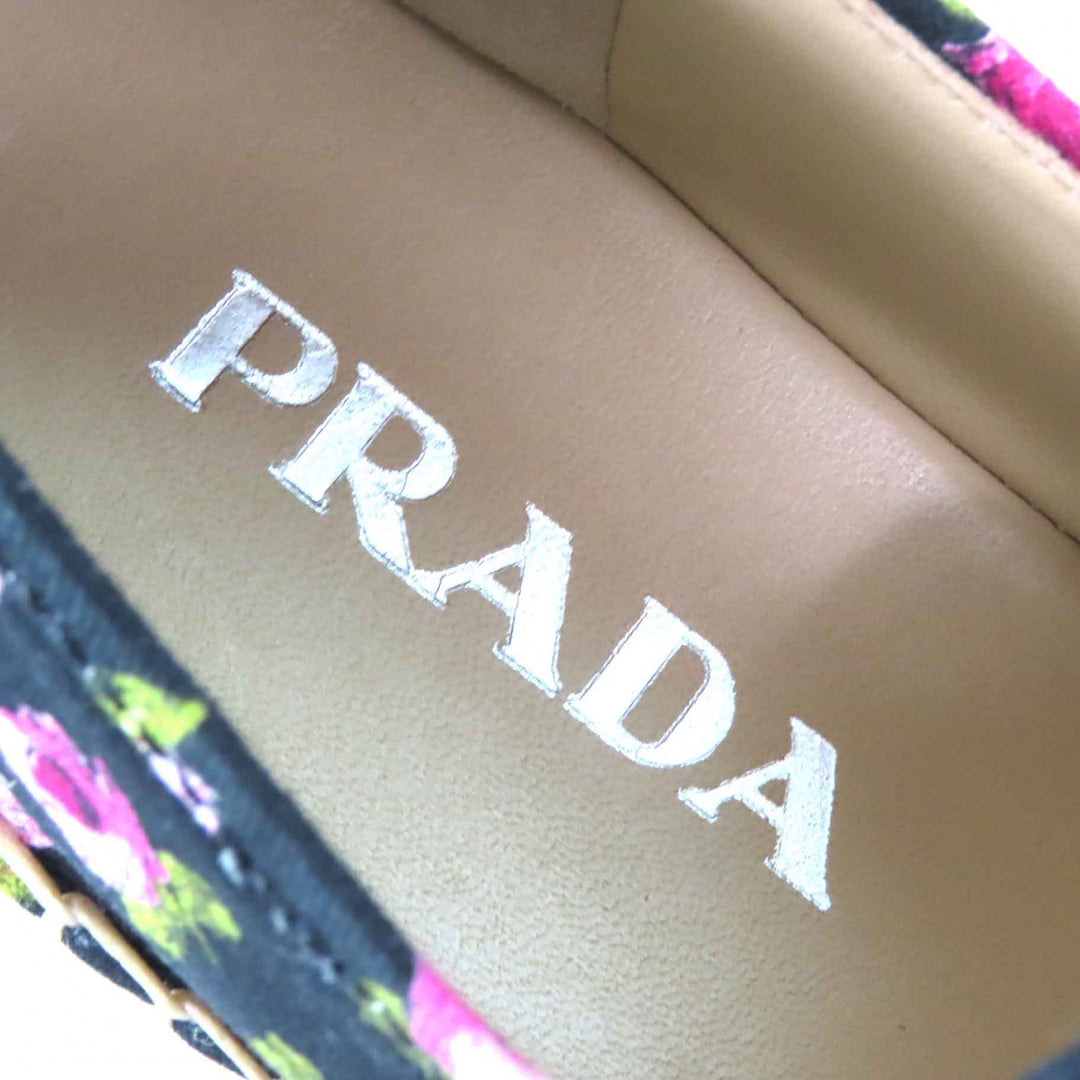 Pristine PRADA sneakers GABARDINE Floral Lace-up Espadrilles black pink canvas