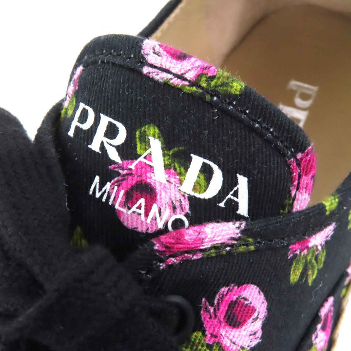 Pristine PRADA sneakers GABARDINE Floral Lace-up Espadrilles black pink canvas