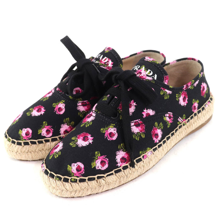 Pristine PRADA sneakers GABARDINE Floral Lace-up Espadrilles black pink canvas