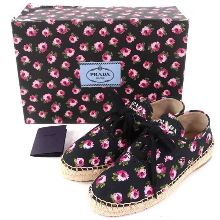 Pristine PRADA sneakers GABARDINE Floral Lace-up Espadrilles black pink canvas