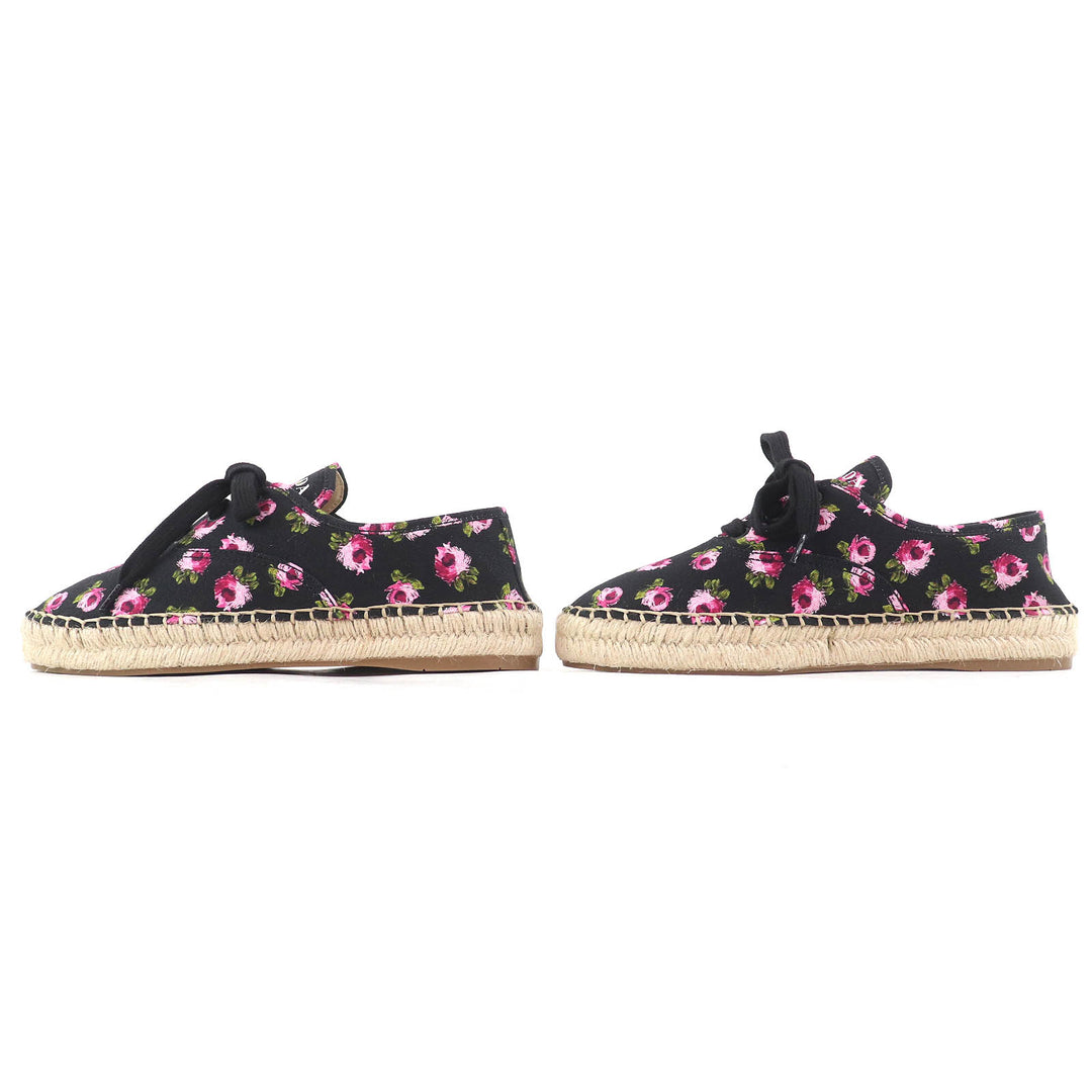 Pristine PRADA sneakers GABARDINE Floral Lace-up Espadrilles black pink canvas