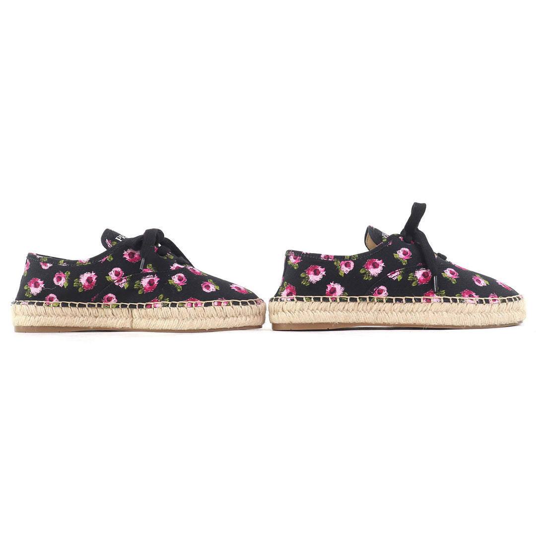 Pristine PRADA sneakers GABARDINE Floral Lace-up Espadrilles black pink canvas