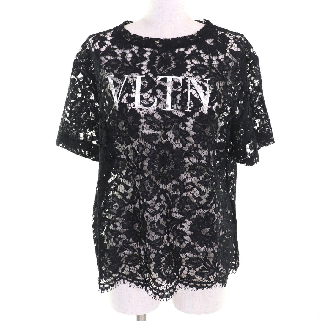 Excellent VALENTINO tops VLTN logo all lace short sleeves black Rayon Women S