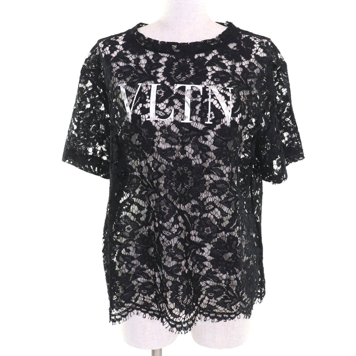 Excellent VALENTINO tops VLTN logo all lace short sleeves black Rayon Women S