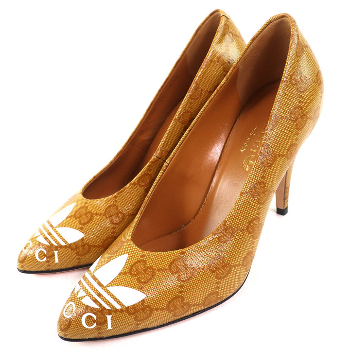 Pristine GUCCI×adidas pumps Trefoil Logo Pointed Toe GG Crystal Camel type 35 712221