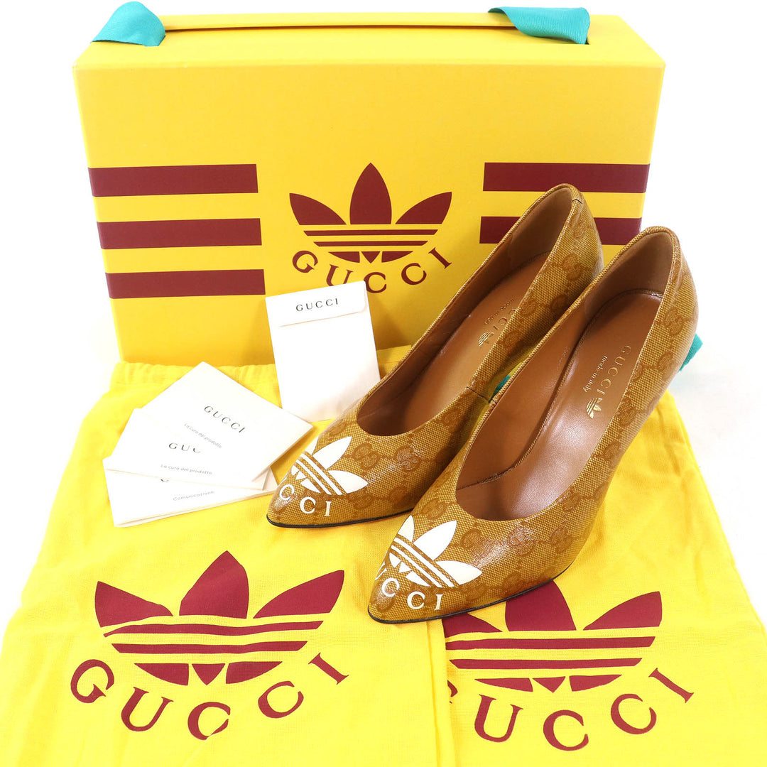 Pristine GUCCI×adidas pumps Trefoil Logo Pointed Toe GG Crystal Camel type 35 712221