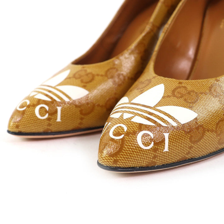 Pristine GUCCI×adidas pumps Trefoil Logo Pointed Toe GG Crystal Camel type 35 712221