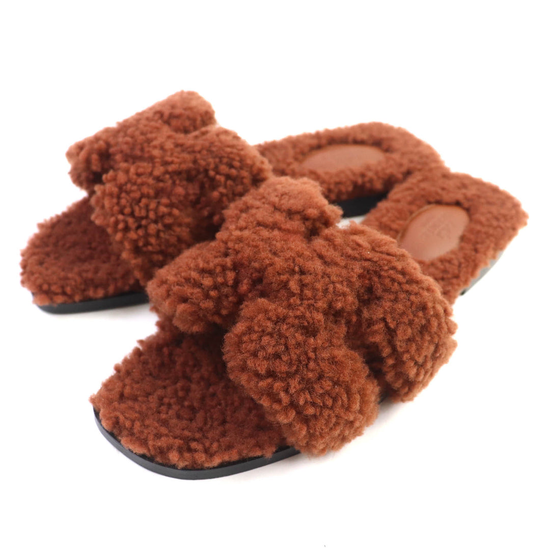 Pristine HERMES Sandals Oran Mules Flats Brown Mouton Women 37