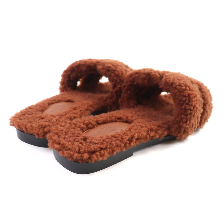 Pristine HERMES Sandals Oran Mules Flats Brown Mouton Women 37