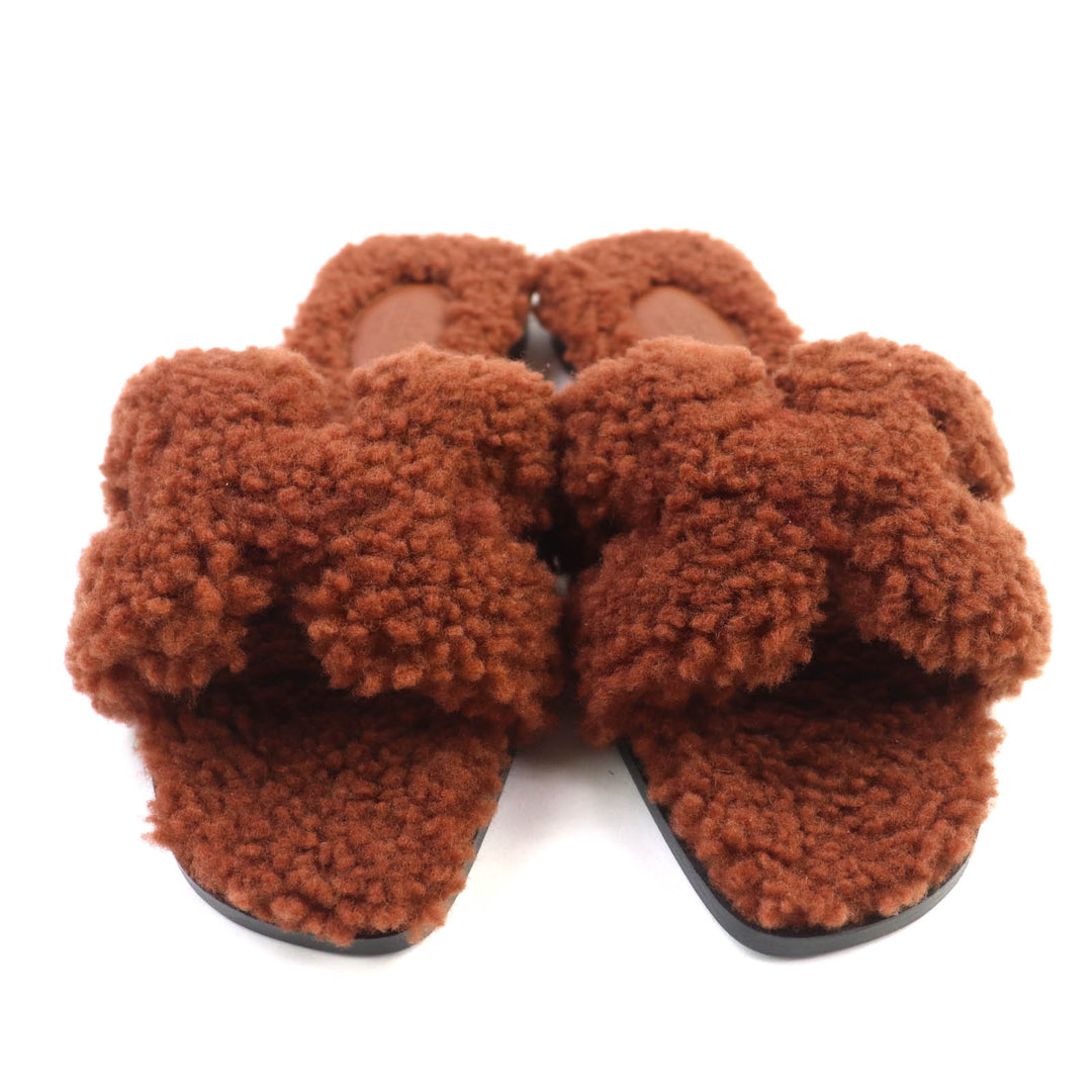 Pristine HERMES Sandals Oran Mules Flats Brown Mouton Women 37