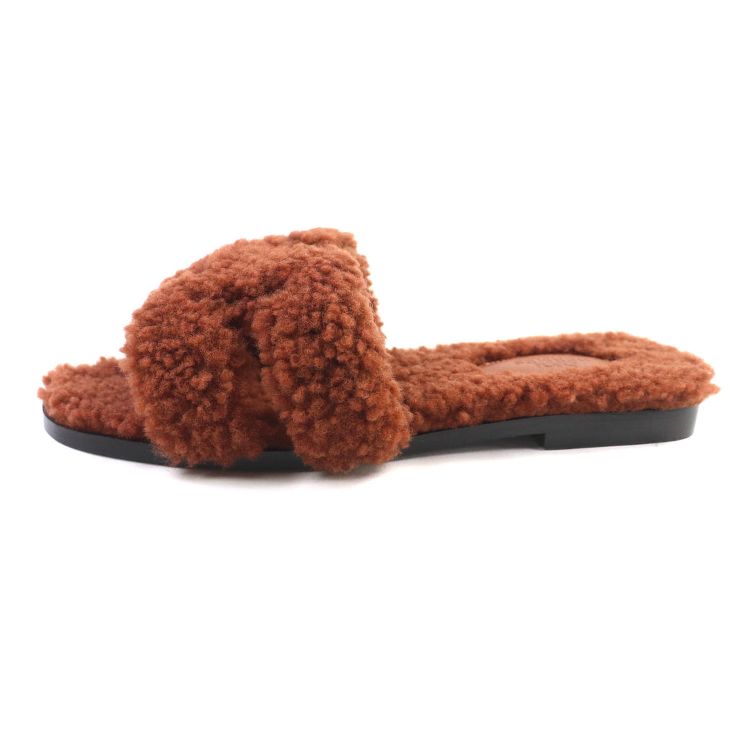 Pristine HERMES Sandals Oran Mules Flats Brown Mouton Women 37
