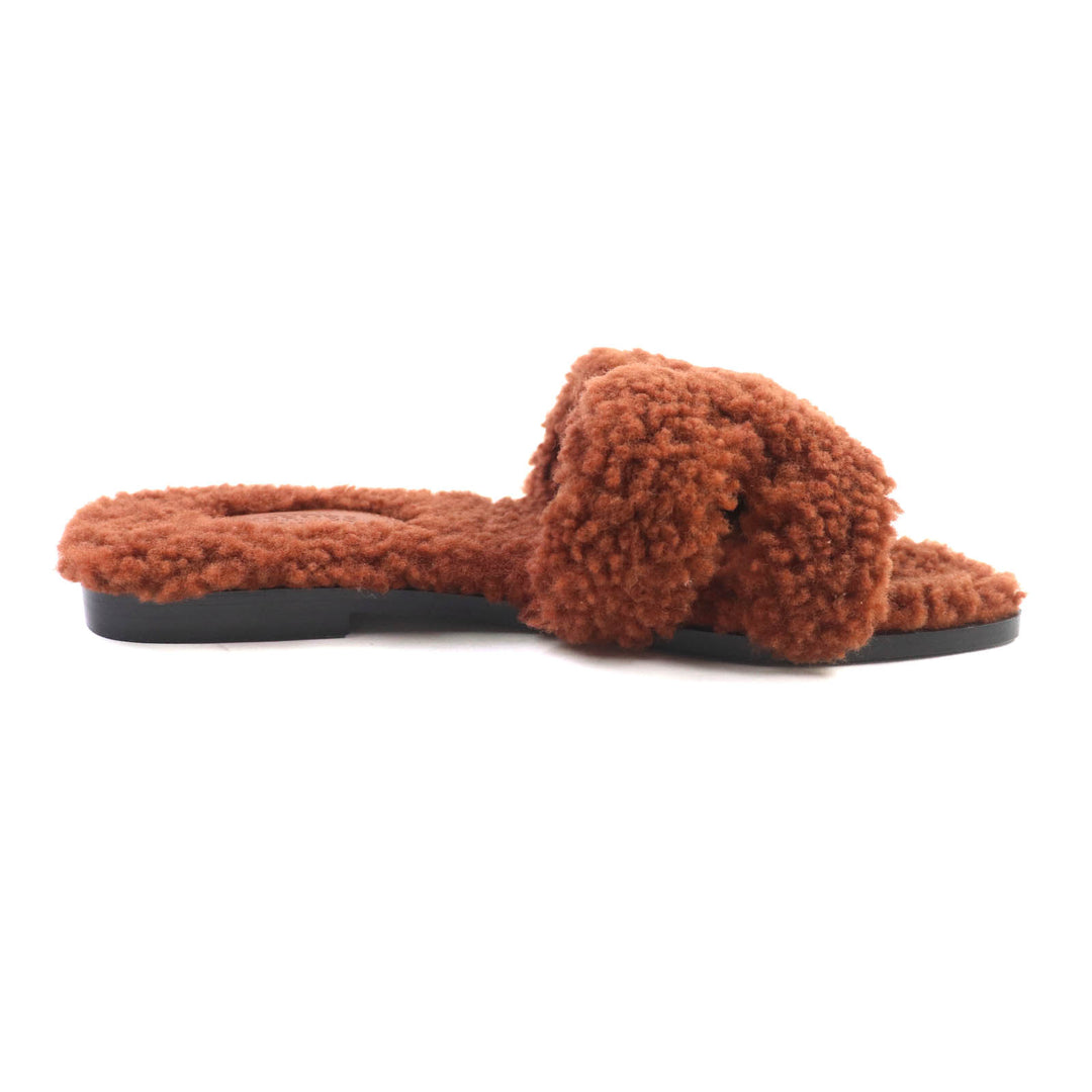 Pristine HERMES Sandals Oran Mules Flats Brown Mouton Women 37