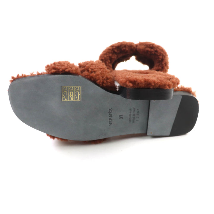 Pristine HERMES Sandals Oran Mules Flats Brown Mouton Women 37