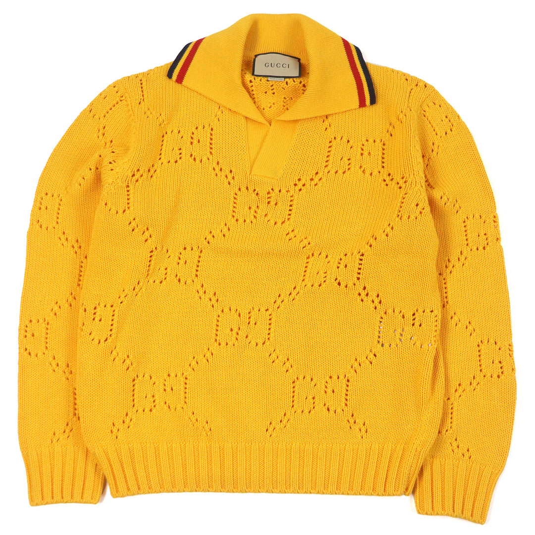 Excellent GUCCI knit Perforated GG Webline sweater yellow cotton mens S 737654