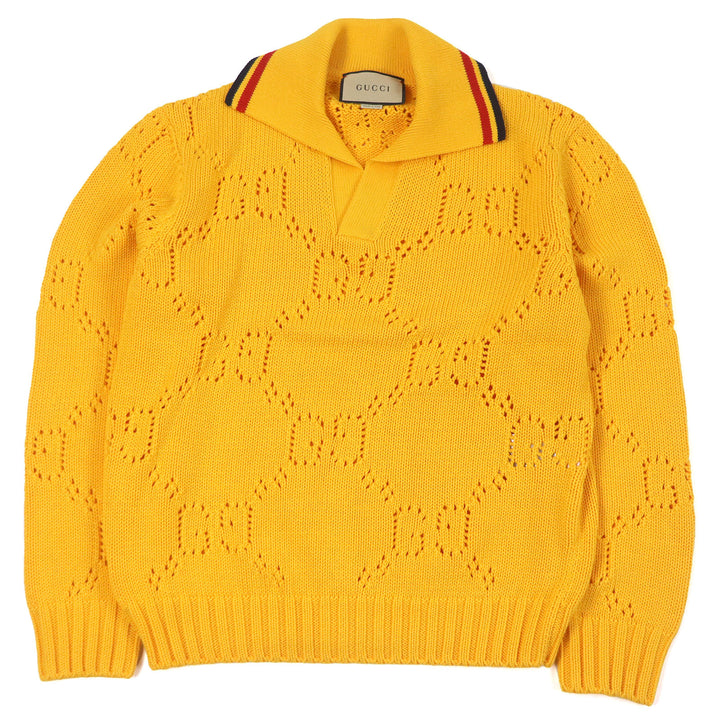 Excellent GUCCI knit Perforated GG Webline sweater yellow cotton mens S 737654