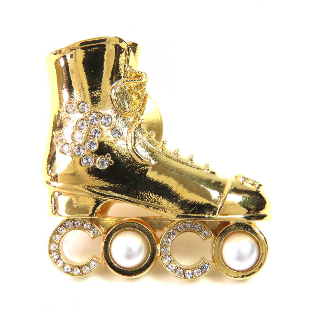 Excellent CHANEL Brooch Roller Skates COCO Fake Pearl COCO Mark Rhinestone gold