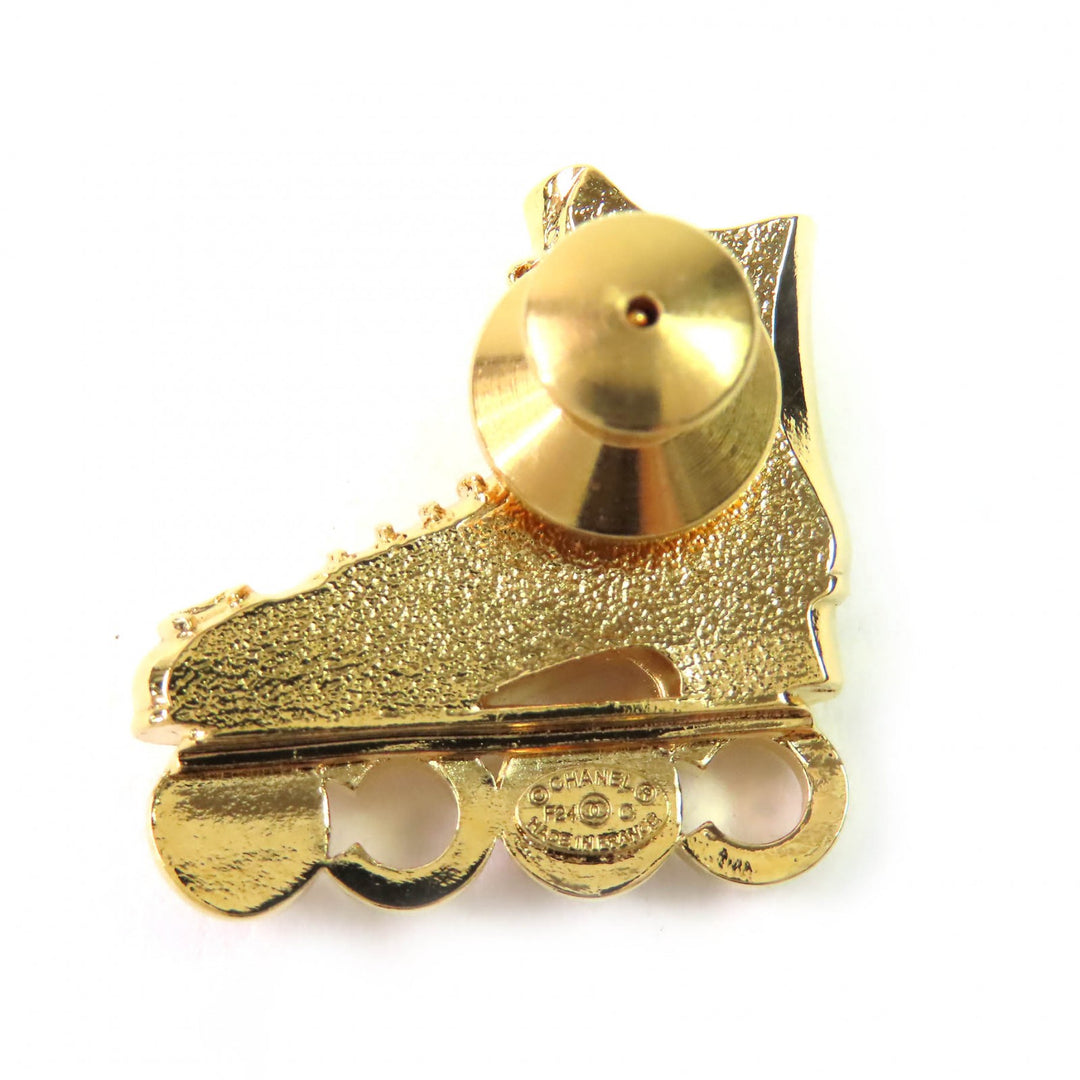 Excellent CHANEL Brooch Roller Skates COCO Fake Pearl COCO Mark Rhinestone gold
