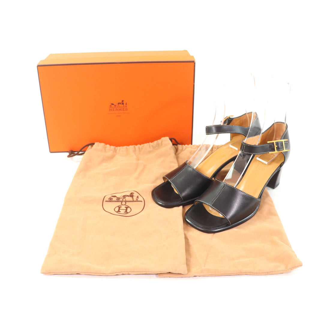 Excellent HERMES Sandals Ankle strap with API Metal black leather Women 35.5