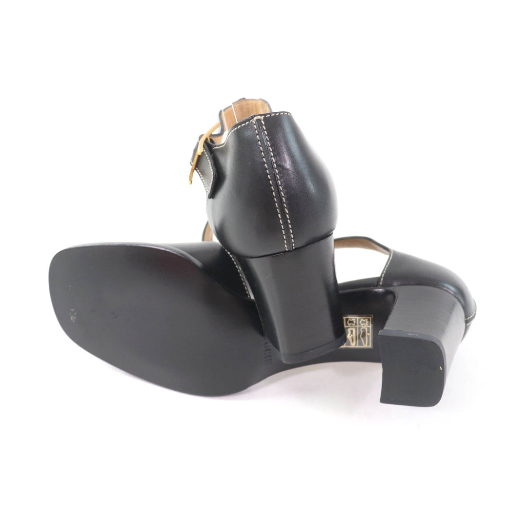 Excellent HERMES Sandals Ankle strap with API Metal black leather Women 35.5
