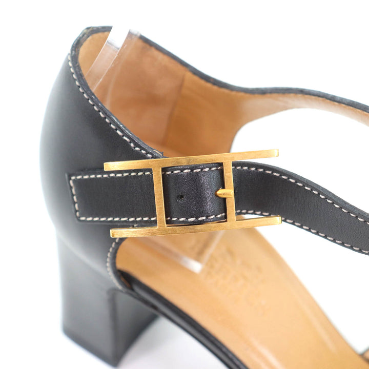 Excellent HERMES Sandals Ankle strap with API Metal black leather Women 35.5