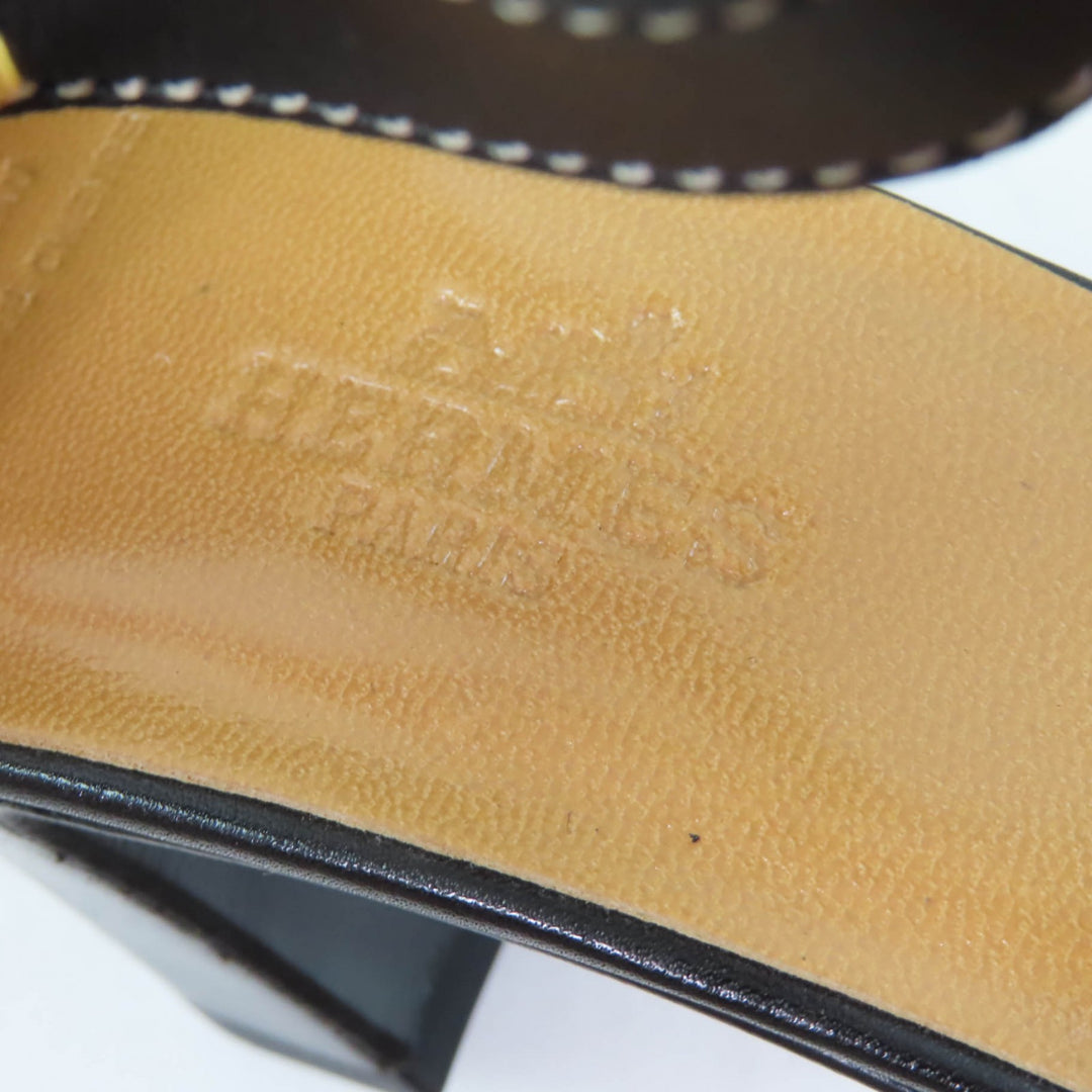 Excellent HERMES Sandals Ankle strap with API Metal black leather Women 35.5