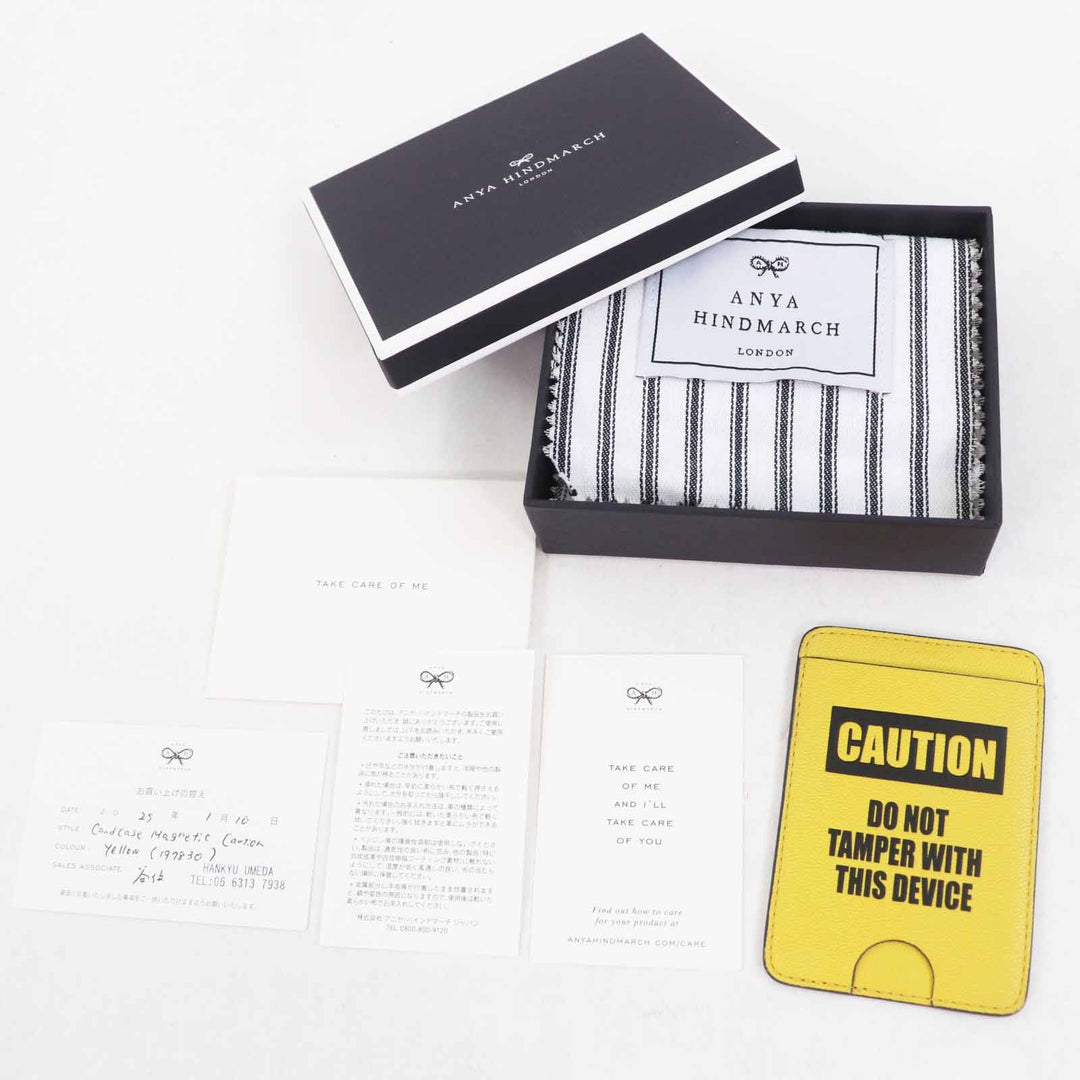 Pristine ANYA HINDMARCH Card Case Caution Magnetic Magnet yellow leather