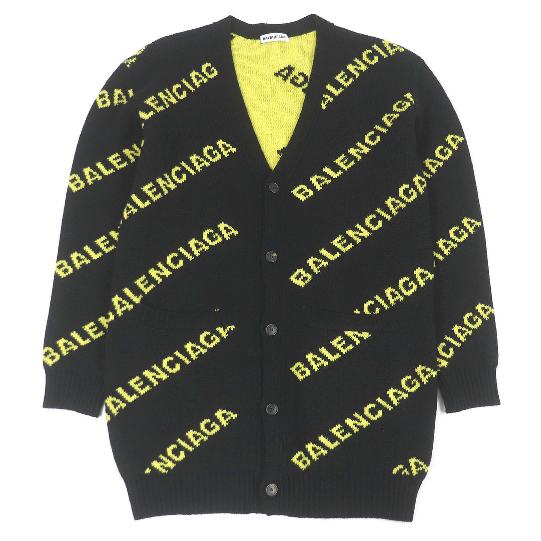 Excellent BALENCIAGA cardigan Jacquard logo oversized knit black wool mens S
