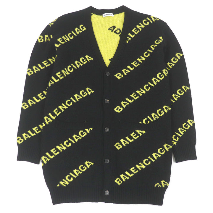 Excellent BALENCIAGA cardigan Jacquard logo oversized knit black wool mens S
