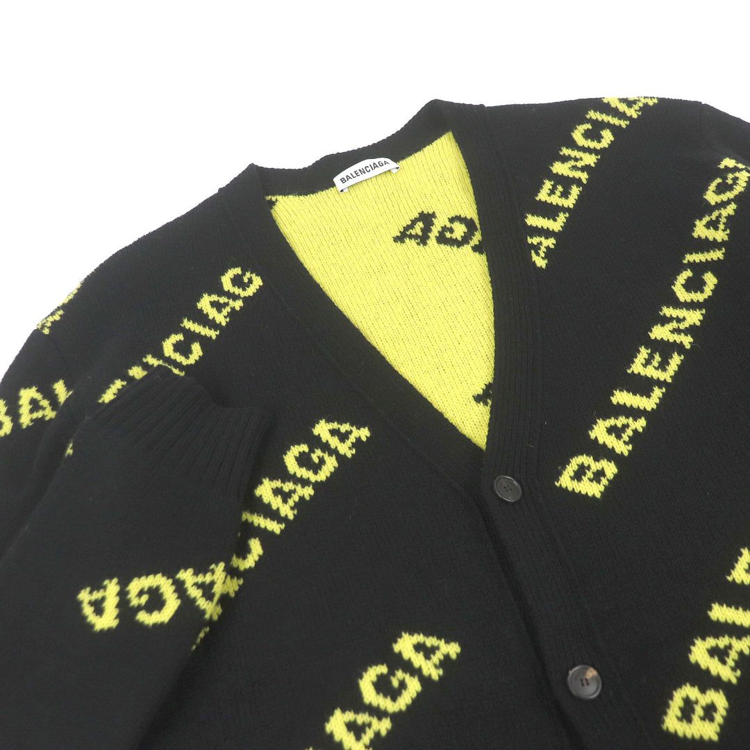 Excellent BALENCIAGA cardigan Jacquard logo oversized knit black wool mens S 555280