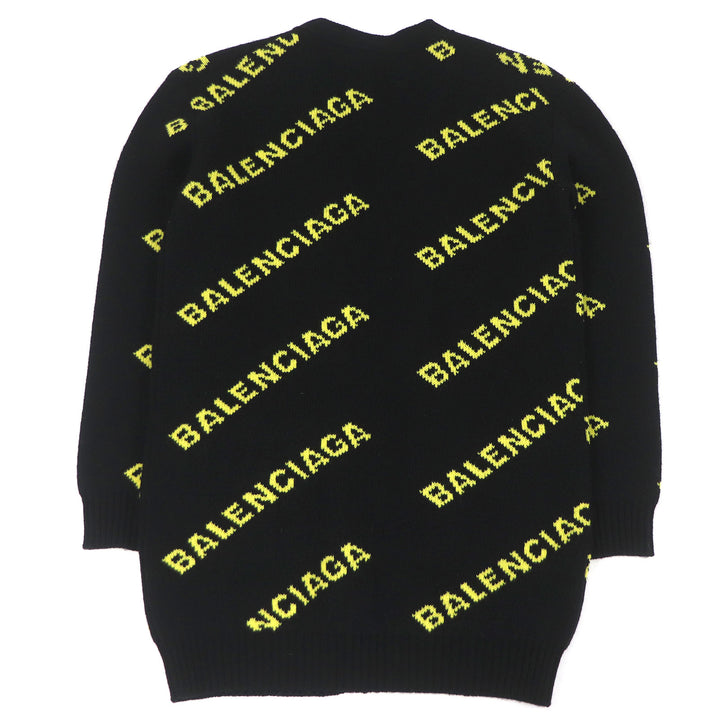 Excellent BALENCIAGA cardigan Jacquard logo oversized knit black wool mens S