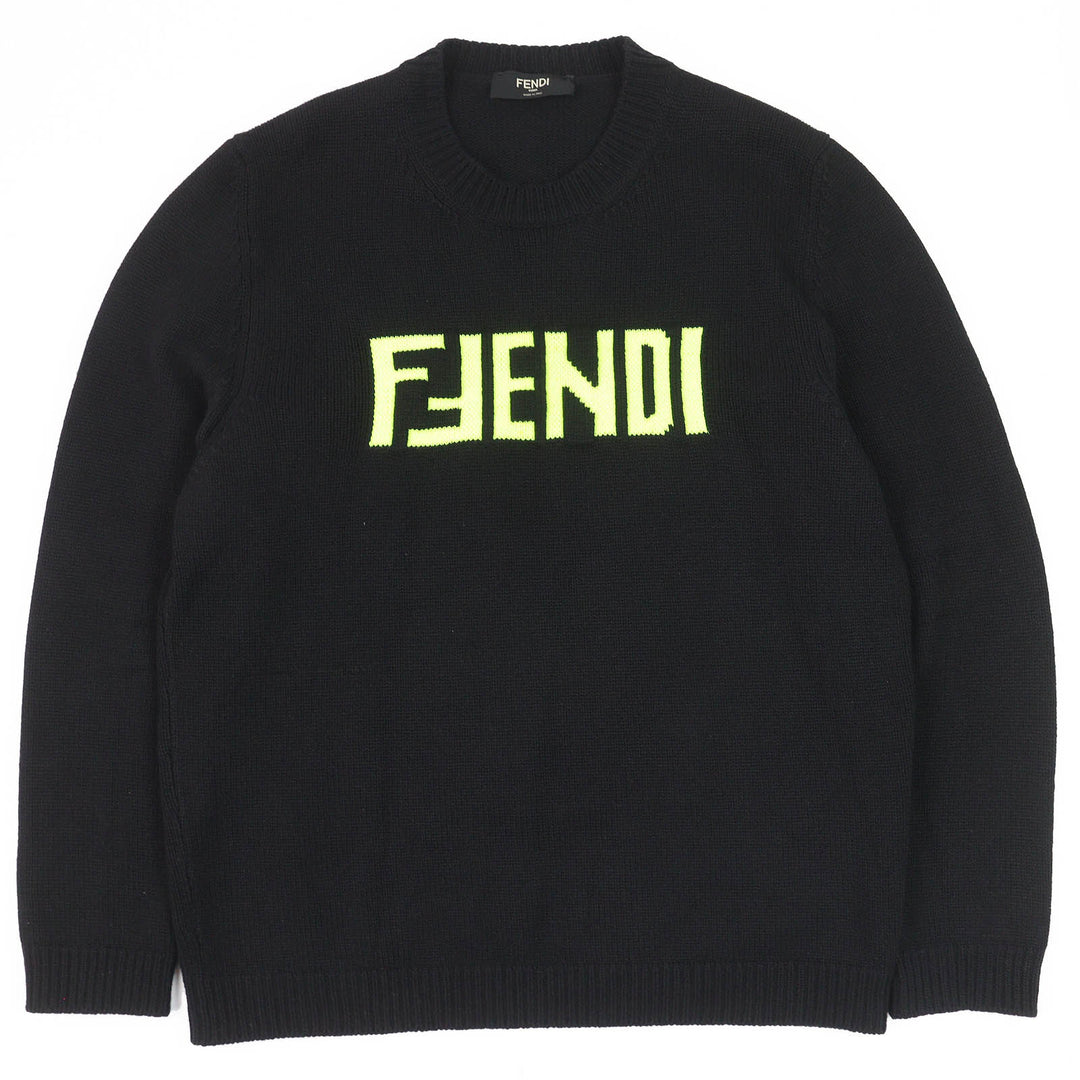 Great FENDI knit long sleeve knit sweater Black neon yellow cashmere mens 54