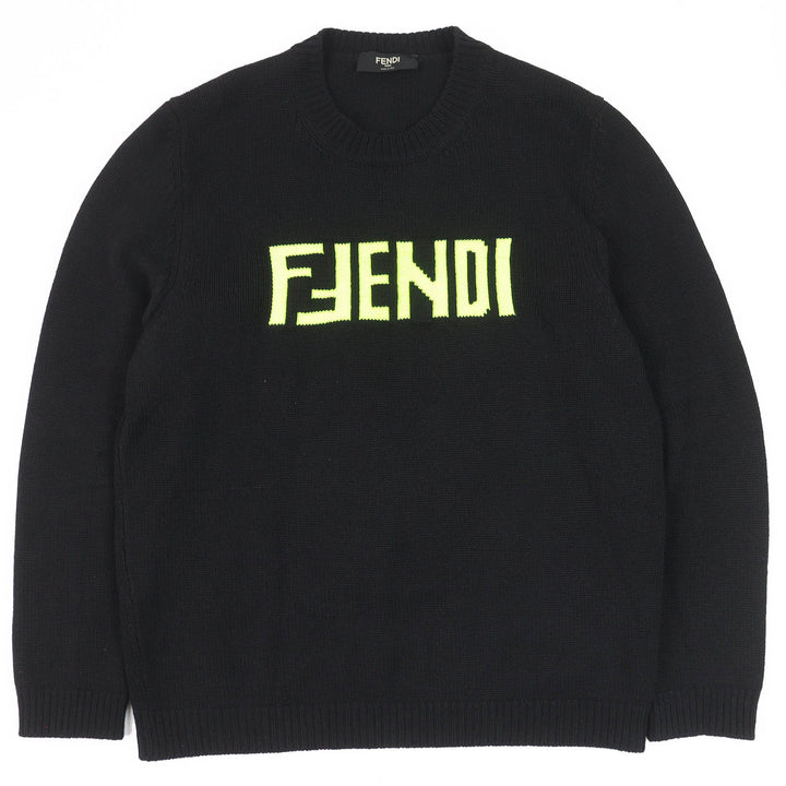 Great FENDI knit long sleeve knit sweater Black neon yellow cashmere mens 54