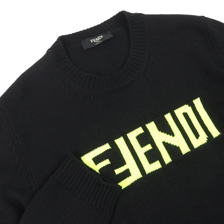 Great FENDI knit long sleeve knit sweater Black neon yellow cashmere mens 54 FZZ469