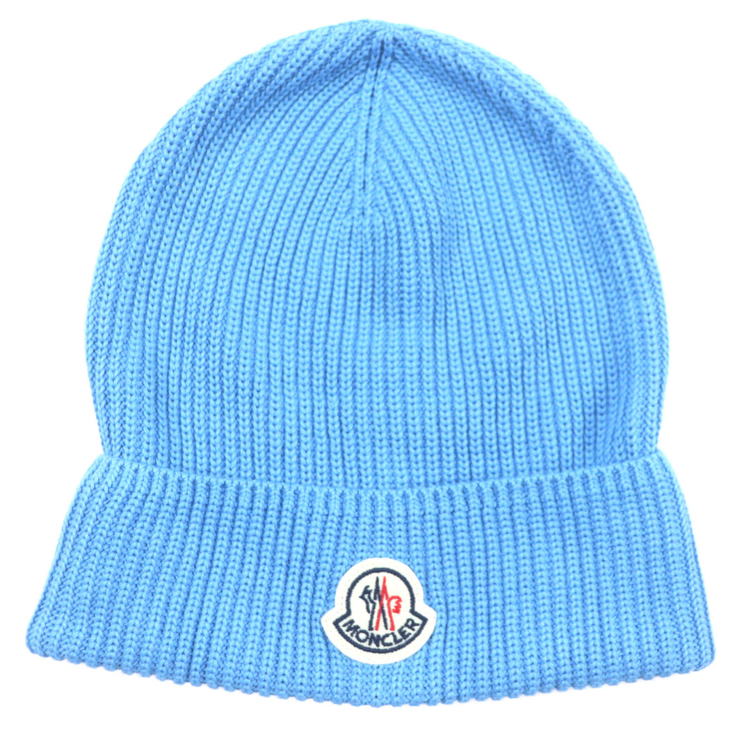 Excellent MONCLER Knit cap Hat with logo patch blue cotton mens