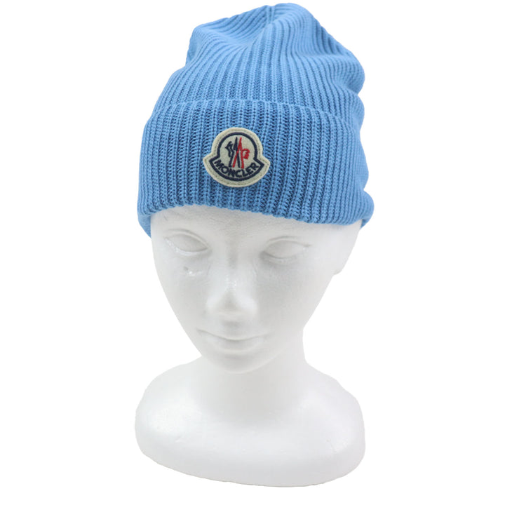 Excellent MONCLER Knit cap Hat with logo patch blue cotton mens