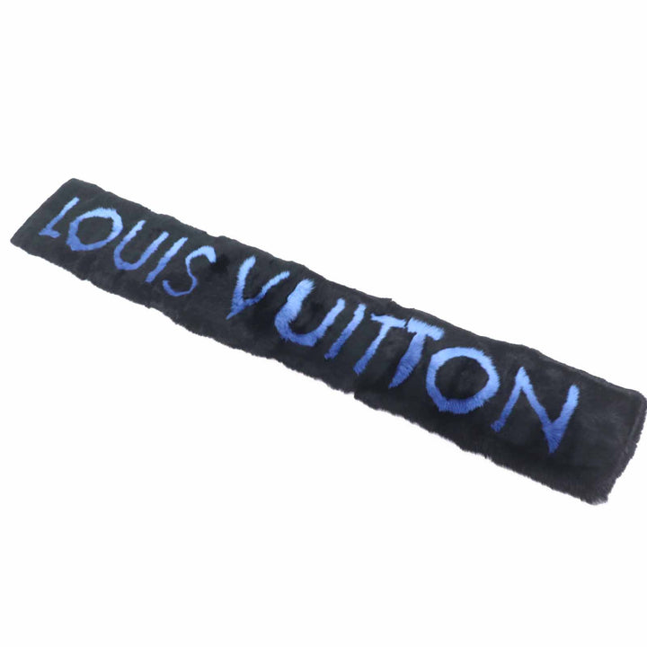 Excellent LOUIS VUITTON Scarf Echarpe LV Neon Black blue Rabbit Women M70928