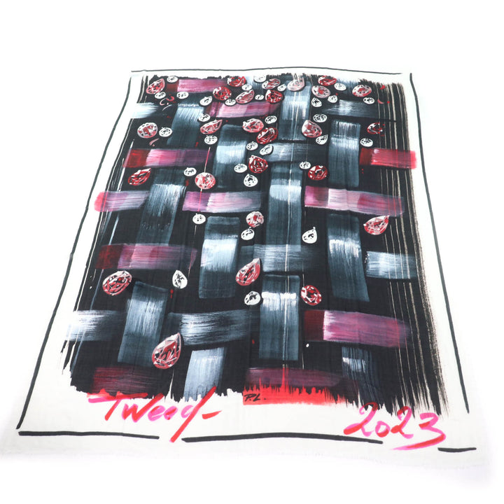 Excellent CHANEL shawl Tweed 2023 all-over patterned scarf with fringe cashmere