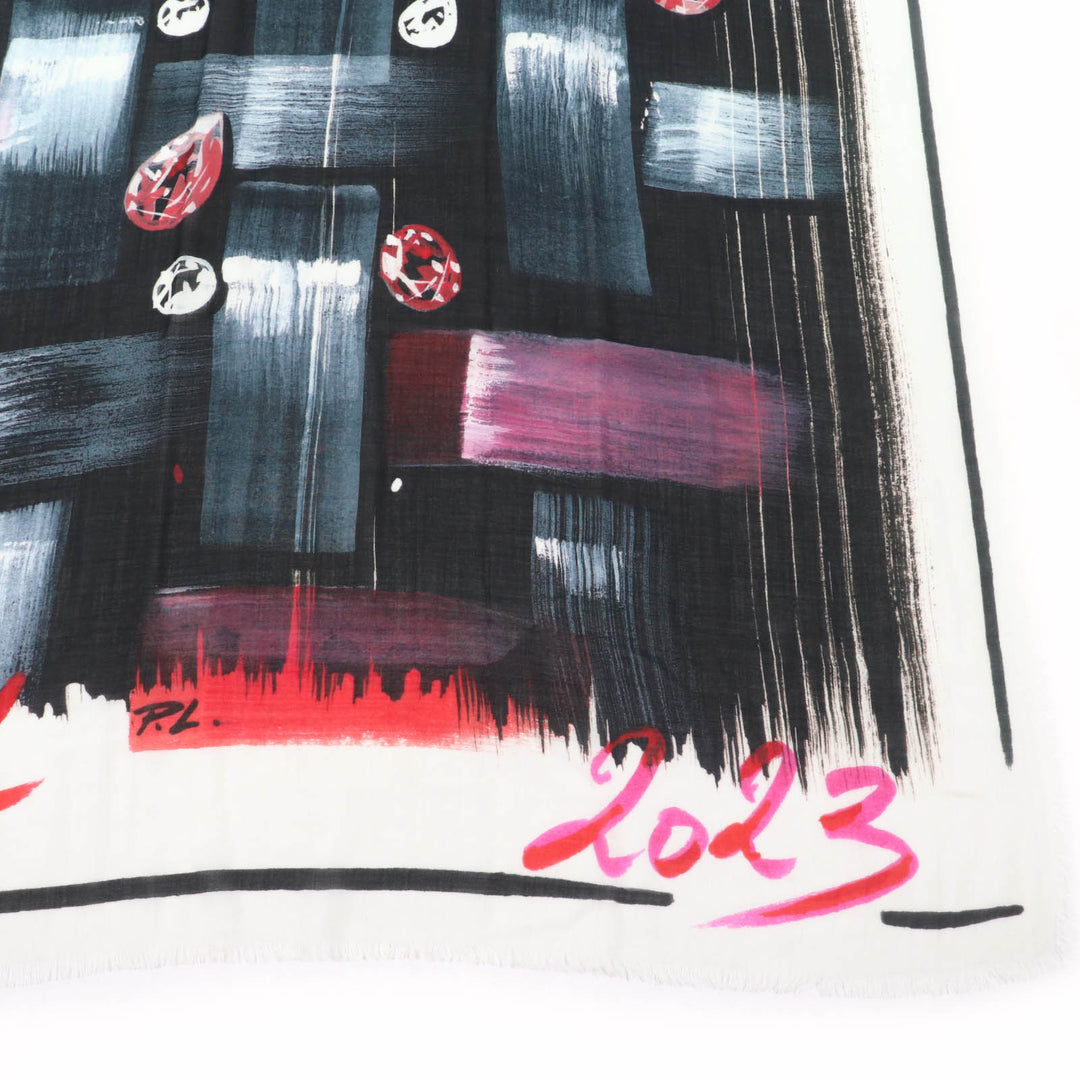 Excellent CHANEL shawl Tweed 2023 all-over patterned scarf with fringe cashmere