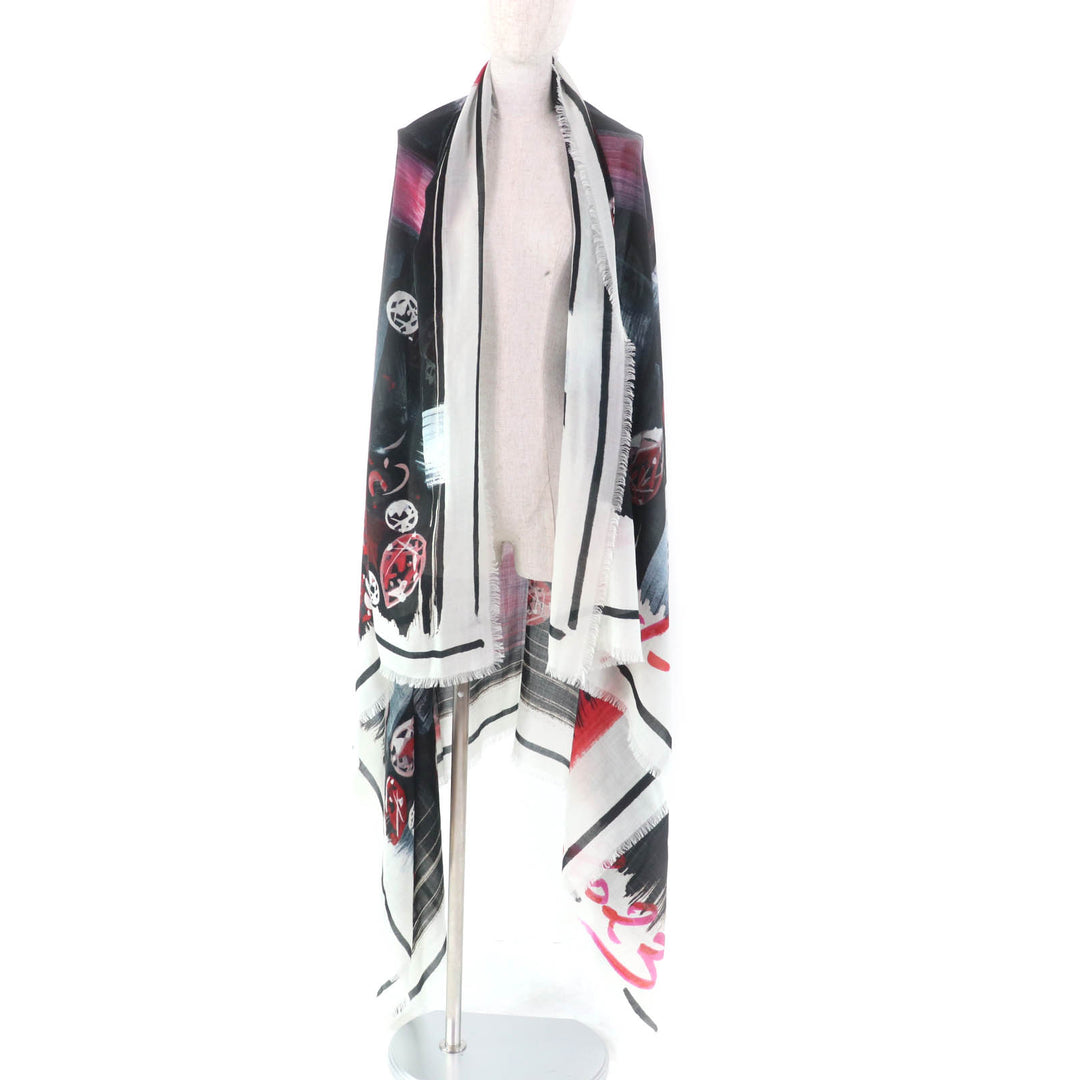 Excellent CHANEL shawl Tweed 2023 all-over patterned scarf with fringe cashmere