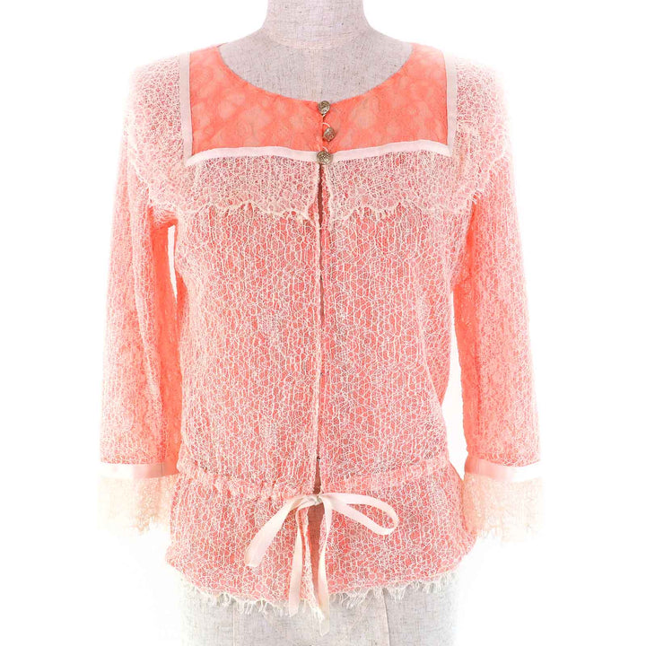 Great CHANEL cardigan COCO Mark button alllace salmonpink white cotton Women36
