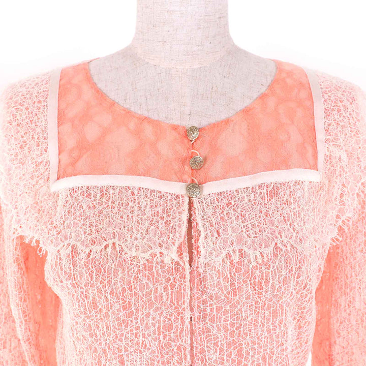 Great CHANEL cardigan COCO Mark button alllace salmonpink white cotton Women36
