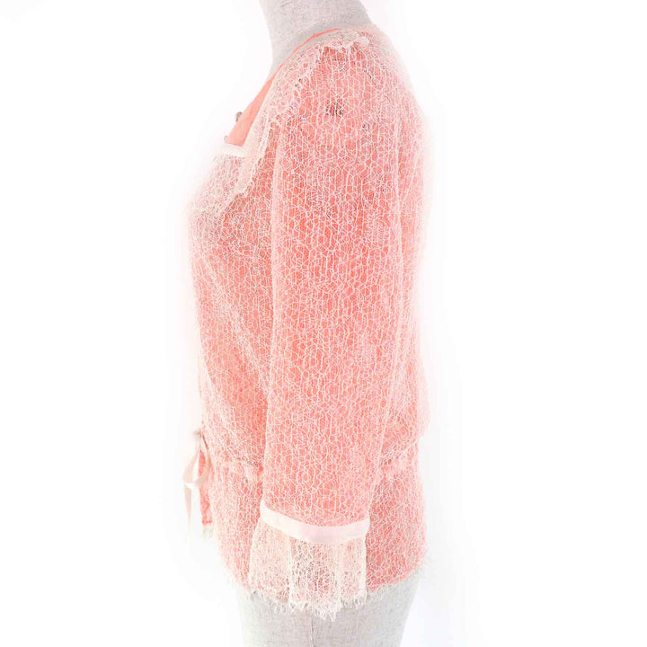 Great CHANEL cardigan COCO Mark button alllace salmonpink white cotton Women36 P38256