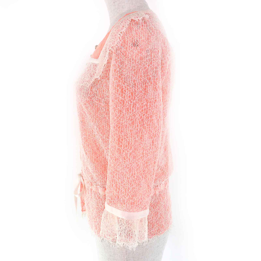Great CHANEL cardigan COCO Mark button alllace salmonpink white cotton Women36