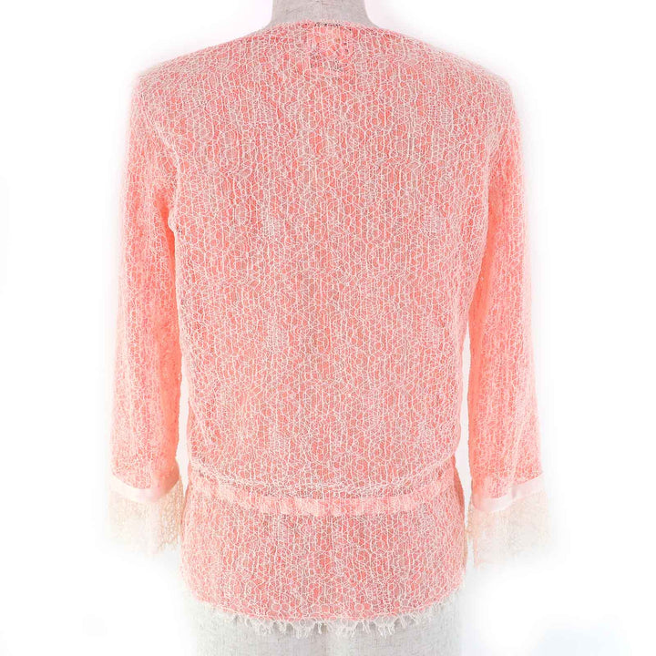 Great CHANEL cardigan COCO Mark button alllace salmonpink white cotton Women36 P38256