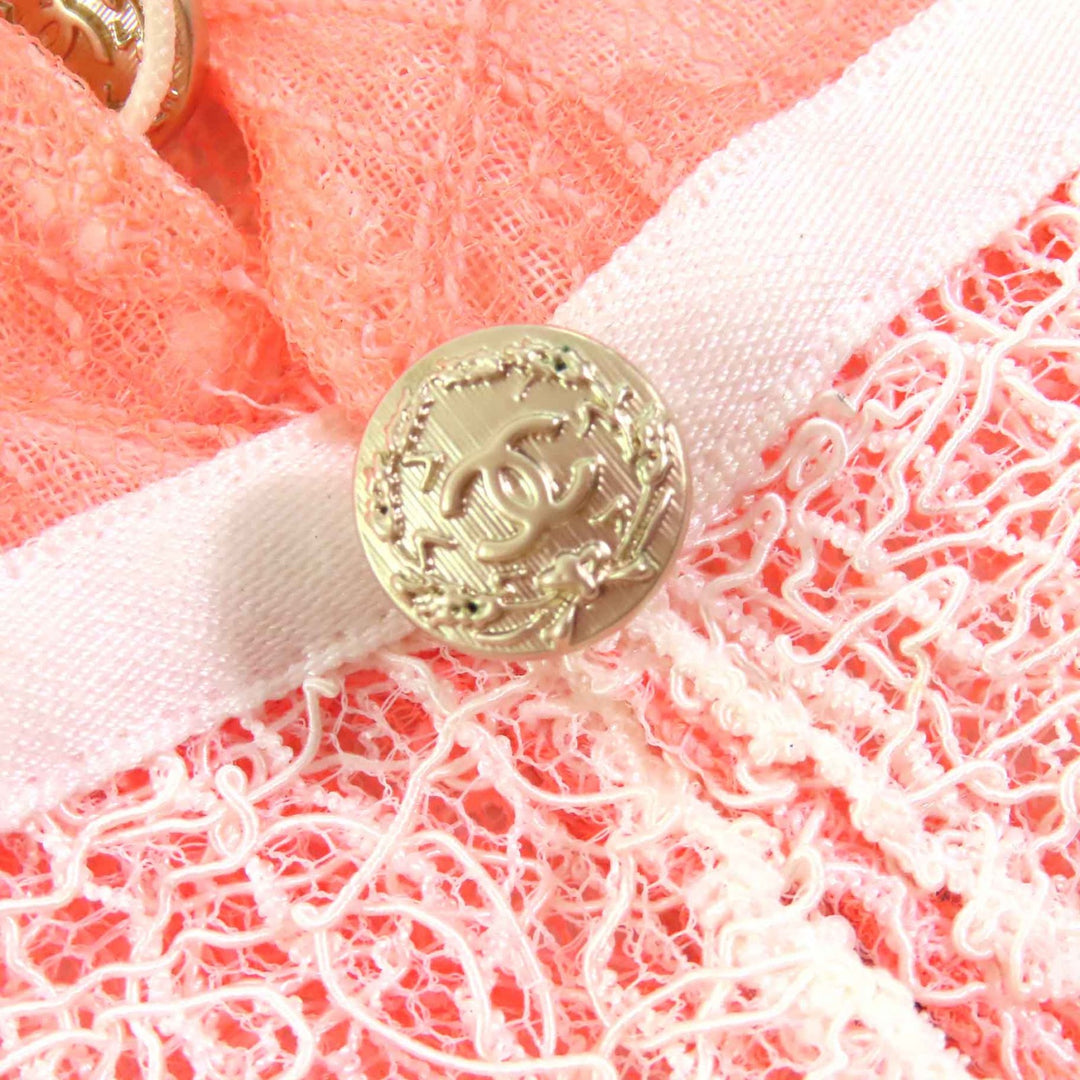 Great CHANEL cardigan COCO Mark button alllace salmonpink white cotton Women36 P38256