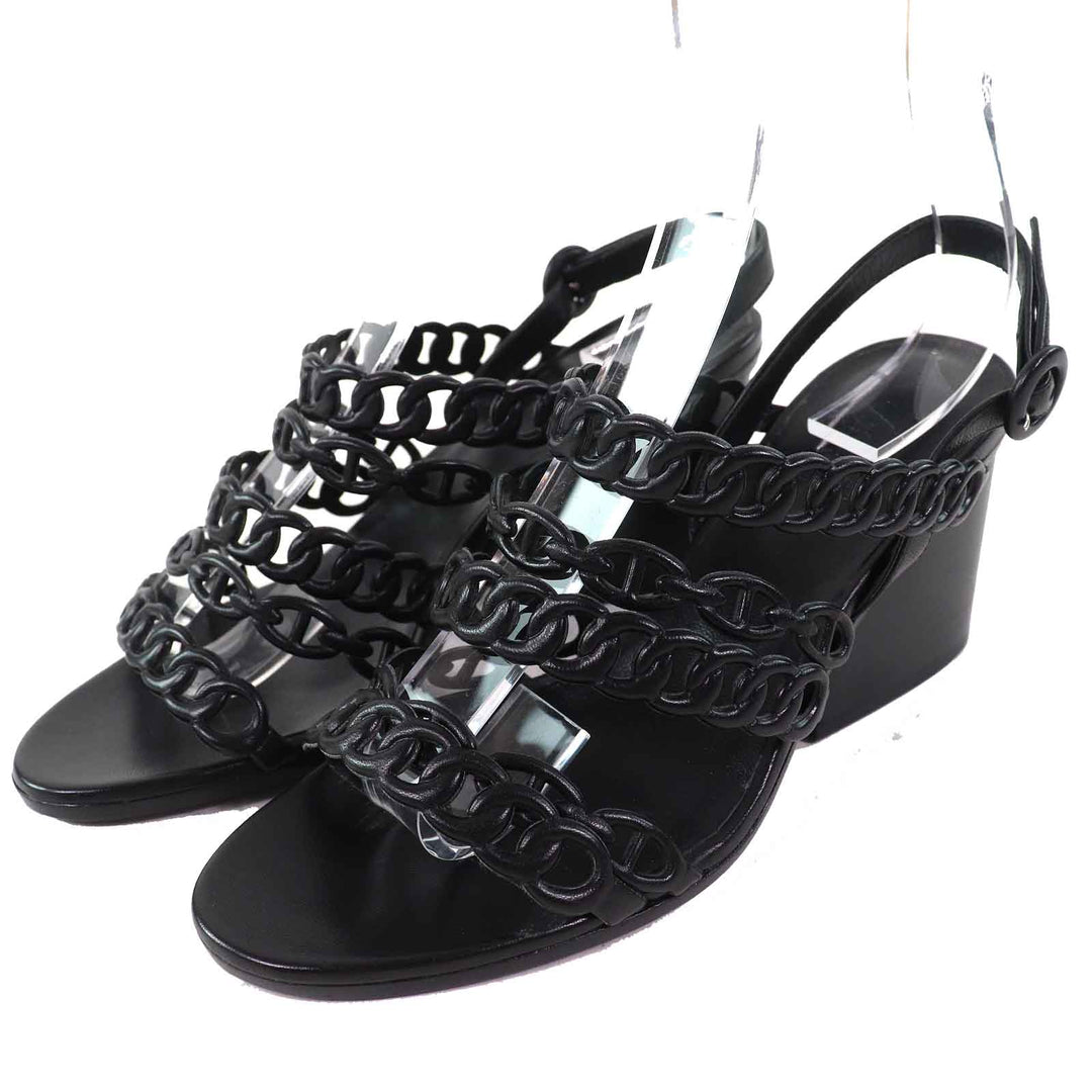 Great HERMES Sandals Romanzo Chaine d'Ancre ankle strap black leather Women 37 181096Z