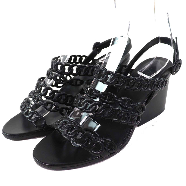 Great HERMES Sandals Romanzo Chaine d'Ancre ankle strap black leather Women 37 181096Z
