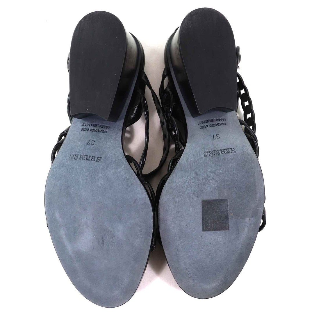 Great HERMES Sandals Romanzo Chaine d'Ancre ankle strap black leather Women 37 181096Z